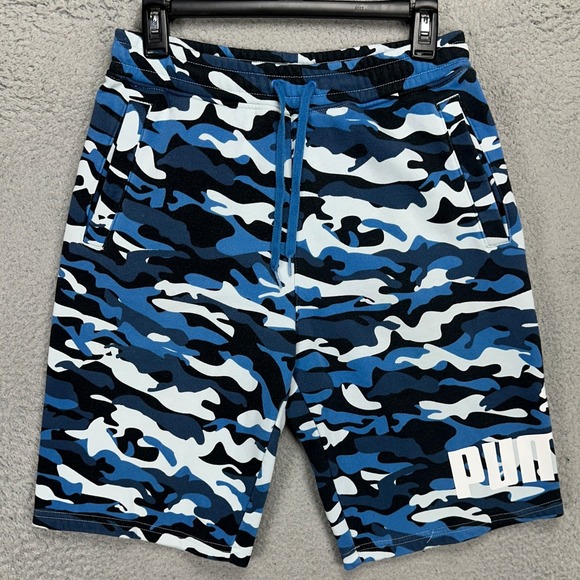 Puma Mens Sweat Shorts Small Blue Black Camo Athletic Drawstring‎ Pockets Logo - Picture 1 of 8
